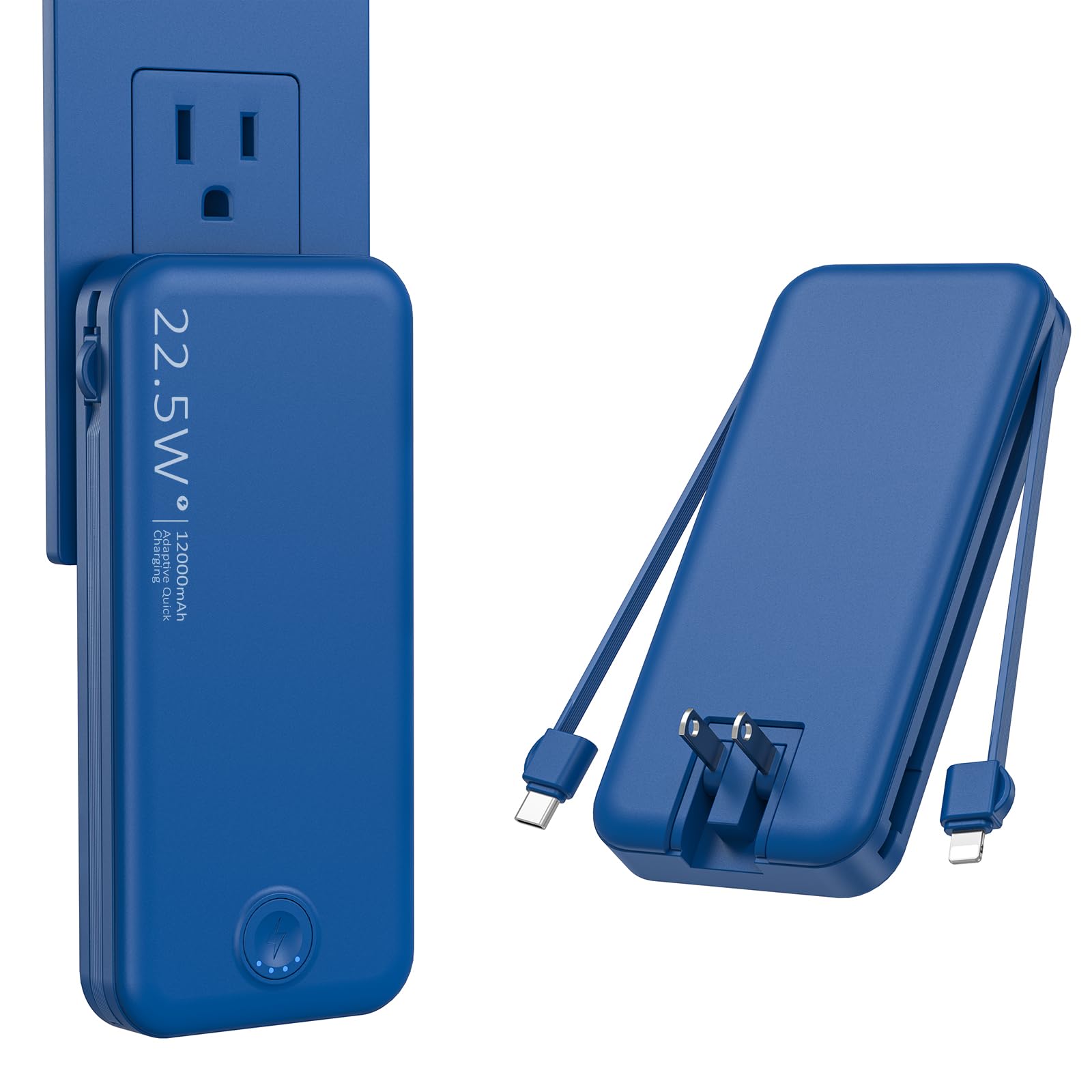 Photo 1 of Portable Charger with Built in Cable and AC Wall Plug, USB C Power Bank 12000mAh 22.5W Super Fast Charging, Lightweight Portable Phone Charger Travel Battery Pack for iPhone, Samsung, Tablets (Navy)