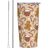 FEYAMYUN 20oz Christmas Tumbler, Snowflake Candy Canes Stainless Steel Travel Coffee Mug with Lid Straw, Xmas Cookies Water Bottle Red Brown Double Wall Vacuum Insulated Cup for Hot and Cold Drinks