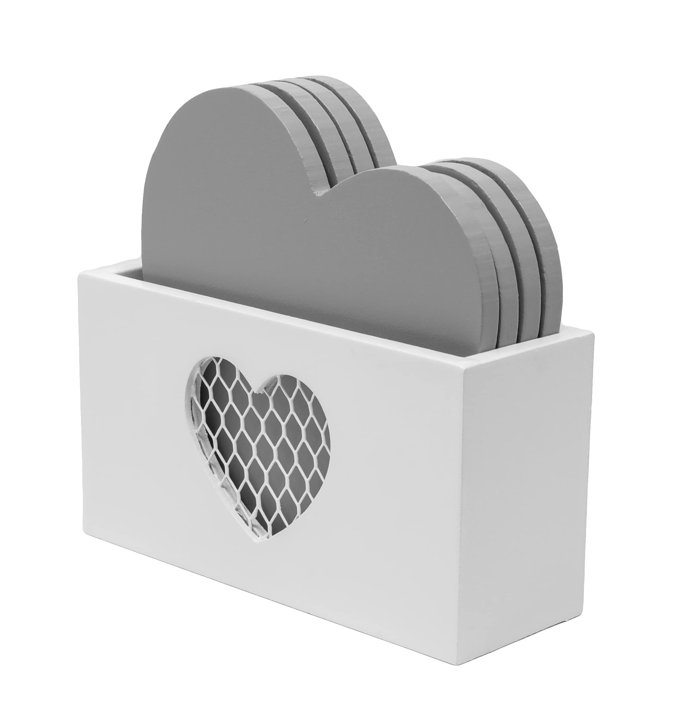 Set of Four Grey Heart Shaped Coasters in White Holder With Chicken Wire Mesh Heart Detail