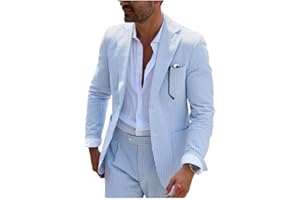 PopEle Mens Summer Seersucker Suit Grooms Sear Sucker Suit for Wedding Mens Leisure Suits Slim Fit