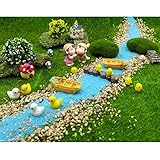 EMiEN 28 Pieces Village Vacation Style Miniature Ornament Kits Set for DIY Fairy Garden Dollhouse Decoration,Blue Sand,Scree,Cute Kids,Boats,Chicks,Ducks,Trees,Stairs,Mushrooms,Stump Pier