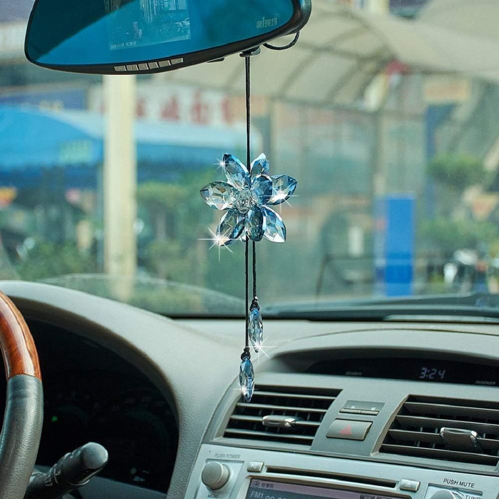 UR URLIFEHALL Crystal Flower Car Hanging Ornament Car Rear View Mirror Pendant Car Accessories Home Decor (Blue)