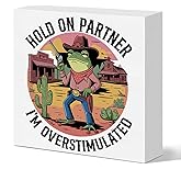 Funny Office Desk Decor Hold On Partner I'm Overstimulated Humorous Sign Western Frog Cowboy Wood Box Sign for Coworkers and Friends, Relief Gifts for Colleagues 5 x 5 Inches