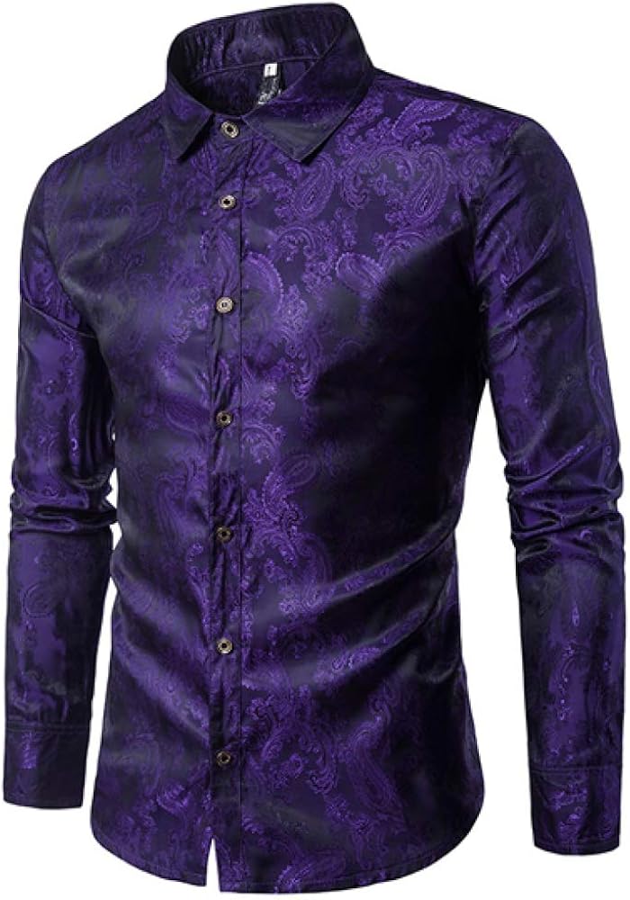 Loeay Floral Print Silk Shirt Men Fashion Slim Fit Long Sleeve Mens