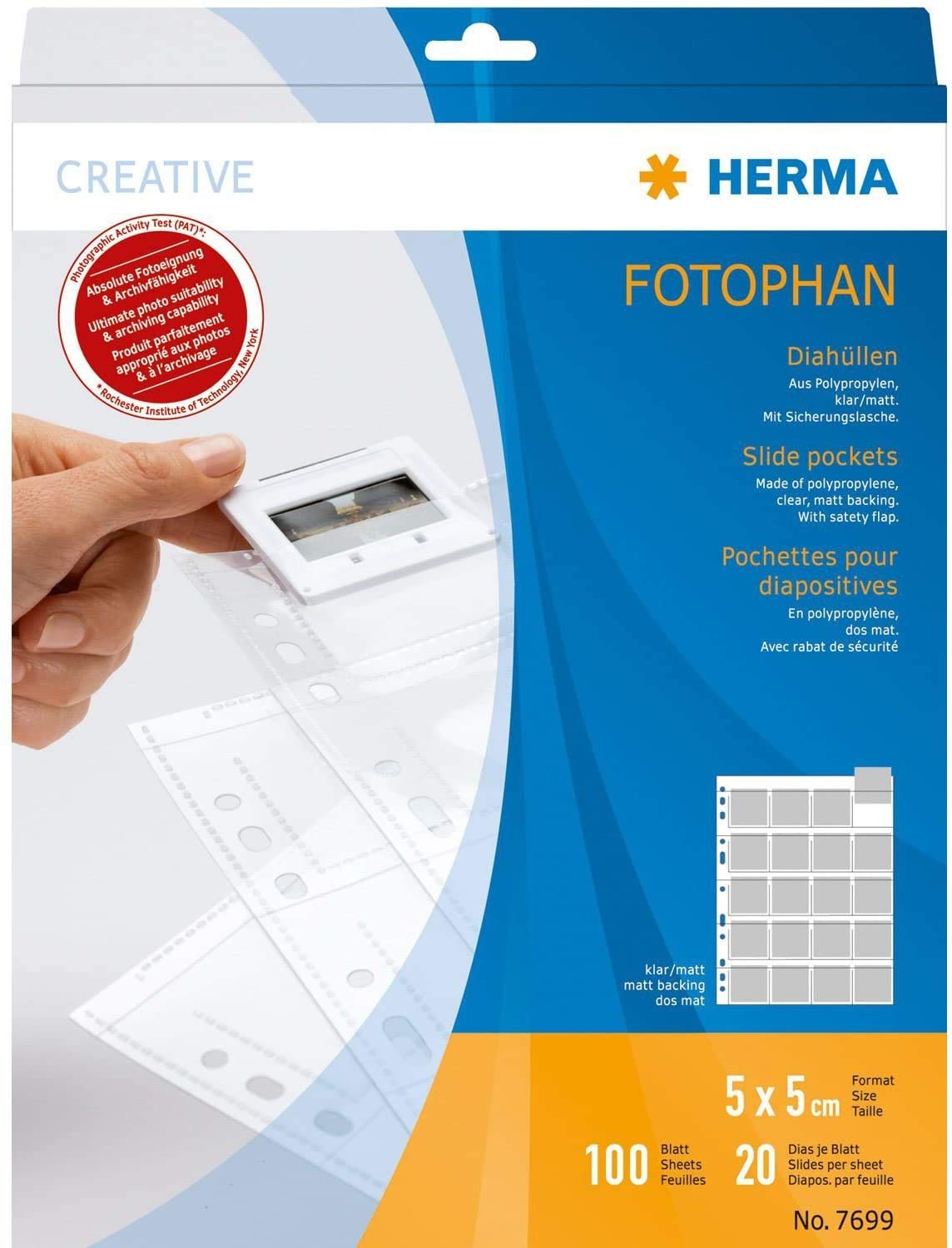 HERMA 7699 Slide Sleeves for Framed Slides, Pack of 100, 5 x 5 cm, 20 Compartments, Clear/Matt, Visible on Both Sides, Fotophan Photo Covers, Collecting Sleeves with Euro Holes for Slide Archiving,