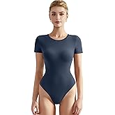 SUUKSESS Women Crew Neck Short Sleeve Thong Bodysuit Shirts Basic Top