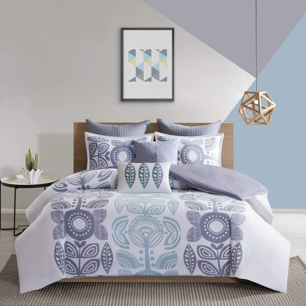 7pc Blue Geometric Full Queen Size Duvet Cover Set, Vibrant Aqua Geometrical Shabby Chic Floral Pattern Bedding Flowers Leafy Medallion Sleek Trendy Diamond Shape Circle Dots, Cotton