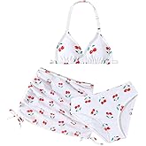 COOLOYA Girl's 3 Piece Swimwear Set Halter Cute Print Bikini Bathing Swim Suits with Beach Skirt Coverup