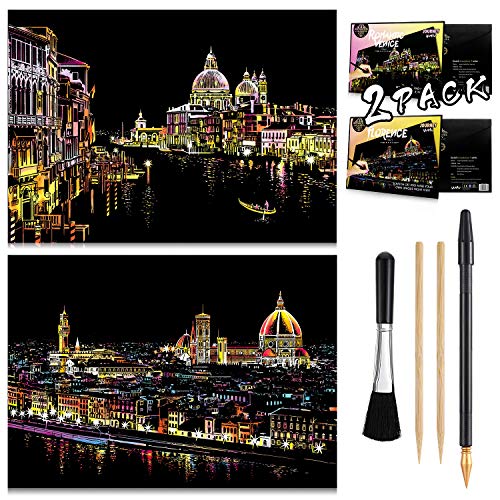 Scratch & Sketch Art Paper(16"x 11.2") for Kids & Adults, Rainbow Painting Night View Scratchboard, Painting Gift, Craft Kits : 2 Sheets Scratch Cards & Drawing Pen, Clean Brush (Florence & Venice) - Thumbnail 7