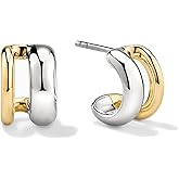 NOKMIT Two Tone Huggie Hoop Earrings for Women, Dainty 14K Gold and Silver Mixed Metal C Shaped Hoops, Small Multi Statement Geometric Earrings, Plain High Polish Non Tarnish Jewelry Gifts