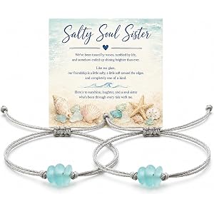 ROYNRAU Sister Sea Glass Bracelet for Women, Adjustable Cord Beach Bracelets Soul Sisters Gifts for Best Friend Friendship Bi