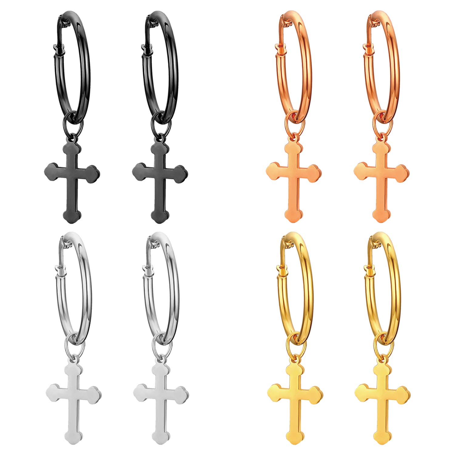 Cupimatch Unisex Silver Stainless Steel Dangle Religious Cross Hoop Earrings for Men Women (4 pairs cross hoop)