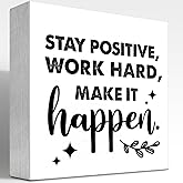 Inspirational Wooden Box Sign Desk Decor,Stay Positive Work Hard Make It Happen Wood Block Sign for Home Bedroom Office Shelf Table Decor C1072