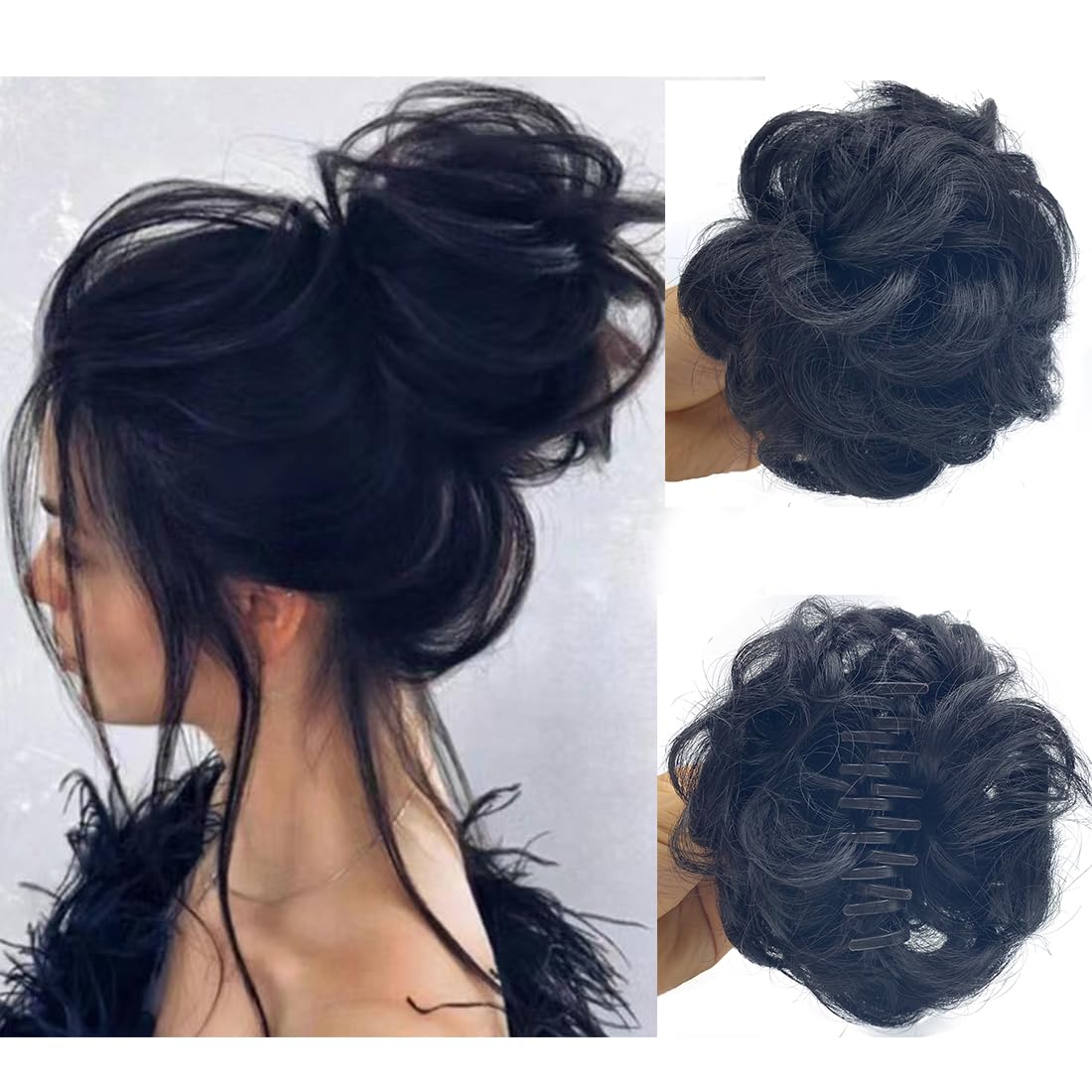 Claw Clip Messy Bun Hair Piece Wavy Curly Large Hair Bun Clip in Claw Chignon Ponytail Hairpieces Synthetic Tousled Updo Hair Extensions Scrunchie Hairpiece for Women (Brown Black)