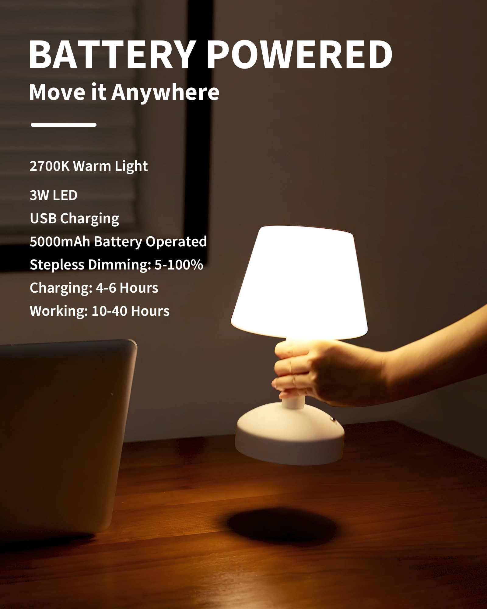 KDG Modern Cordless Small Table Lamps, Outdoor Portable Shower Waterproof LED Dimmable Desk Lamp, 5000mAh Rechargeable Battery Operated Lighting for Restaurant, Bedroom, Bathroom, Night Light (White)
