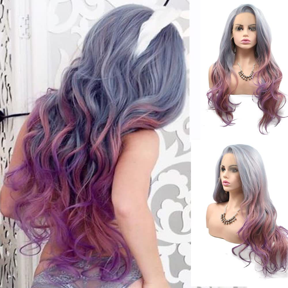 Xiweiya 13x3 Lace Wigs Silver Grey Mixed Blue Hair Ombre Rose Purple Synthetic Lace Front Wig Long Wavy Ash Purple Wig for Fashion Women Wear, Heat Resistant Fiber Halloween Cosplay Wigs