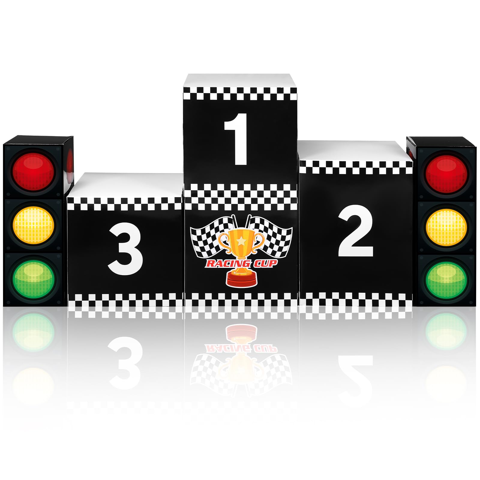 Photo 1 of Halloscume 6 Pcs Large Racing Birthday Party Boxes Set, 4 Pcs 11.8" Race Car Podium and 2 Pieces 17.3" Traffic Light, Car Themed Goodie Checkered Boxes Racing Party Centerpiece Decoration(Black)