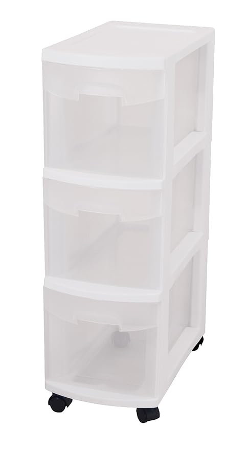 Sterilite 27308003 Narrow 3 Drawer Cart White Frame Clear Drawers