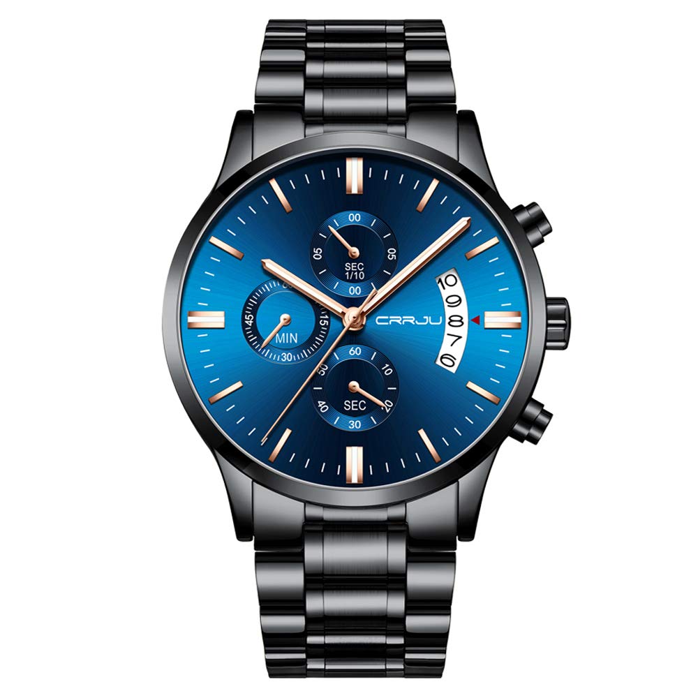CRRJU Men Watch Chronograph Blue Face Waterproof Fashion Sports Dress Stopwatch Business Analog Quartz Black Stainless Steel Strap Wrist Watch with Date