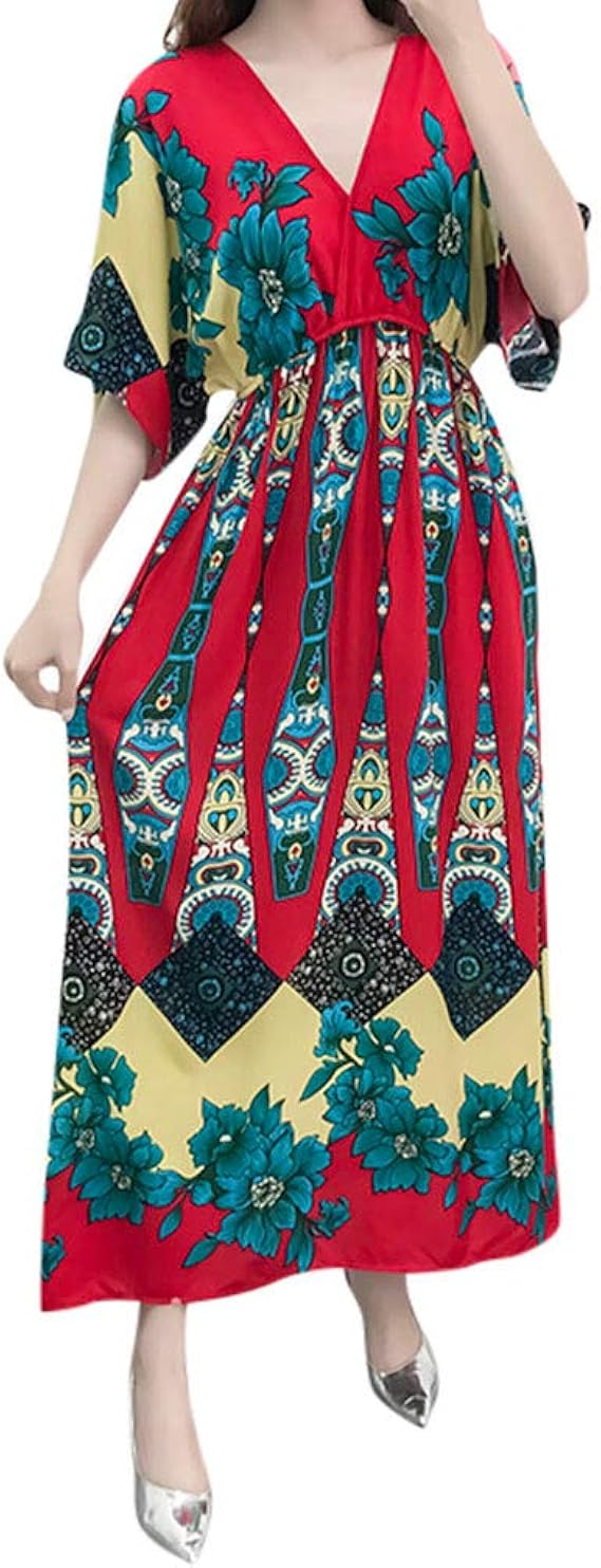 Amazon Co Jp Top Homie レディース ボヘミアン ワンピース レトロ Vネック 半袖 マキシ丈 スリム ドレス 春夏 おしゃれ エスニック ロング チュニック 服 ファッション小物