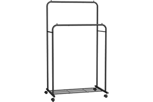 SONGMICS Double Rods Clothes Rack with Wheels, Clothing Rack for Hanging Clothes, Heavy Duty Garment Rack with Mesh Storage S