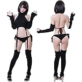 Ruocealya Sexy Anime Cosplay Costume for Women, Backless 4-Piece Set, S-M | High Neck Ribbed Knit Top with T-Back Briefs, Arm Covers and Thigh-High Socks for Themed Parties and Photoshoots