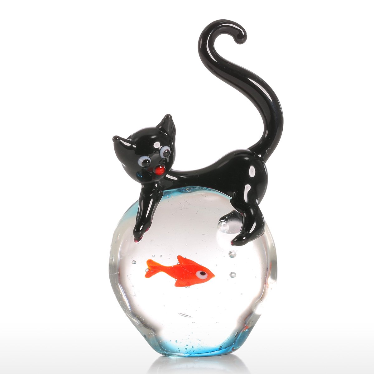 Tooarts Cat and Goldfish Gift Glass Ornament Animal Figurine Handblown Home Decor Black & Red