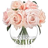 WELL KNOWN Artificial Flowers with Vase, Silk Rose Artificial Flowers Table Centerpieces with Faux Water for Home Decoration Fake Roses Flower Arrangements for Table Decor (Pink)