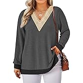 VISLILY Womens-Plus-Size-Tops Lace Trim V Neck Shirts Long Sleeve Sweatshirts Color Block Side Split Hem Tunics XL-5XL