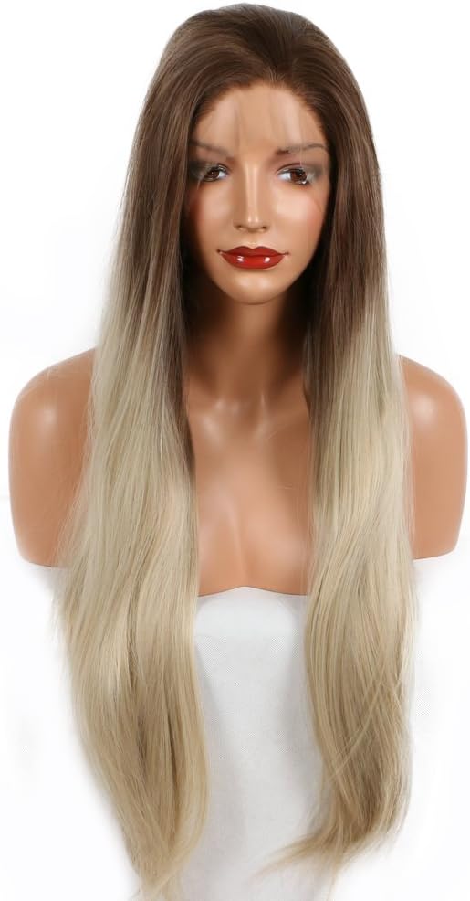 Long Straight Wigs for Women Ombre Brown Blonde Pre Plucked Natural Hairline Synthetic Lace Front Wig Heat Resistant Fiber Hair Replacement Wigs for Daily Party Halloween Use 24" - Image 3
