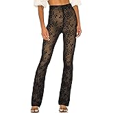 BOLLEY JOSS Women's Sexy Sheer Pants with Full Lining Lace Straight Leg Floral Pants Long Trousers Black Mesh Pant Coverups