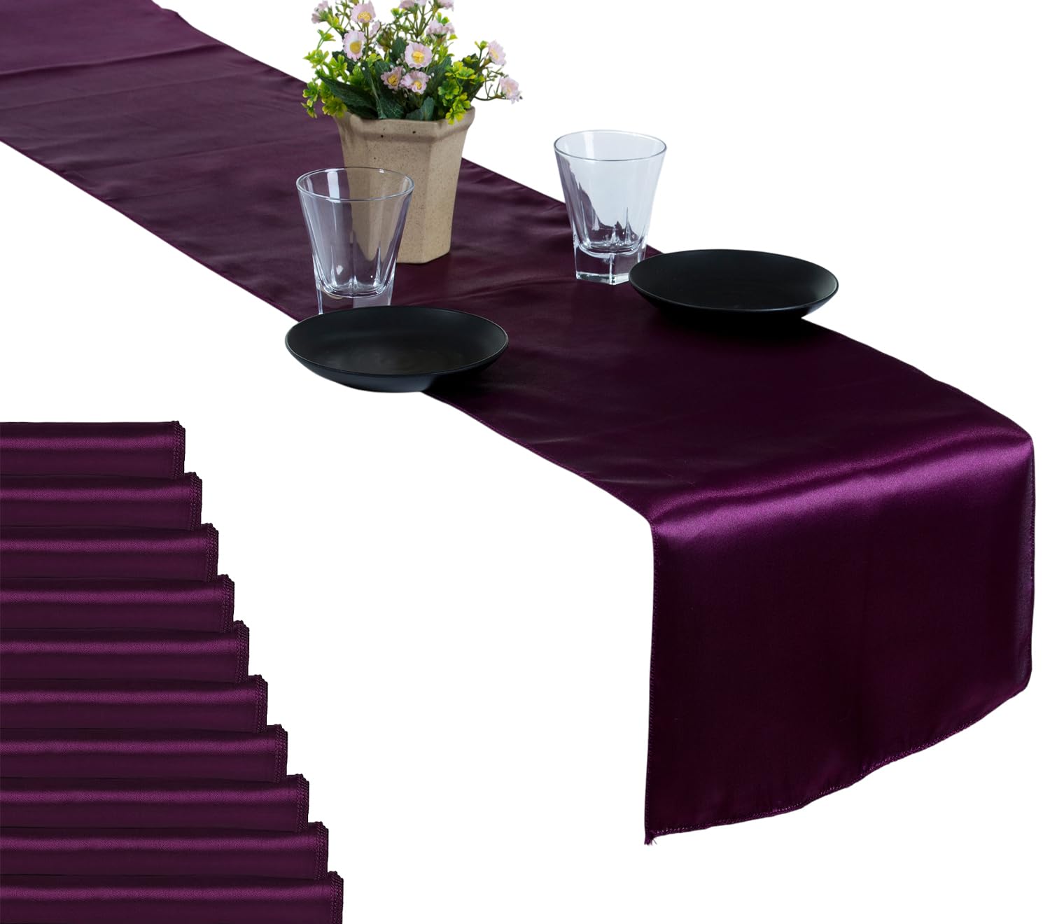 MDS 100 PCS Satin Table Runners 12 x 108 Inch Charmeuse Sateen Silk Table Runner for Indoor Outdoor Wedding Reception Birthday Graduation Party Event Banquet Dining Table Decoration - Eggplant Image