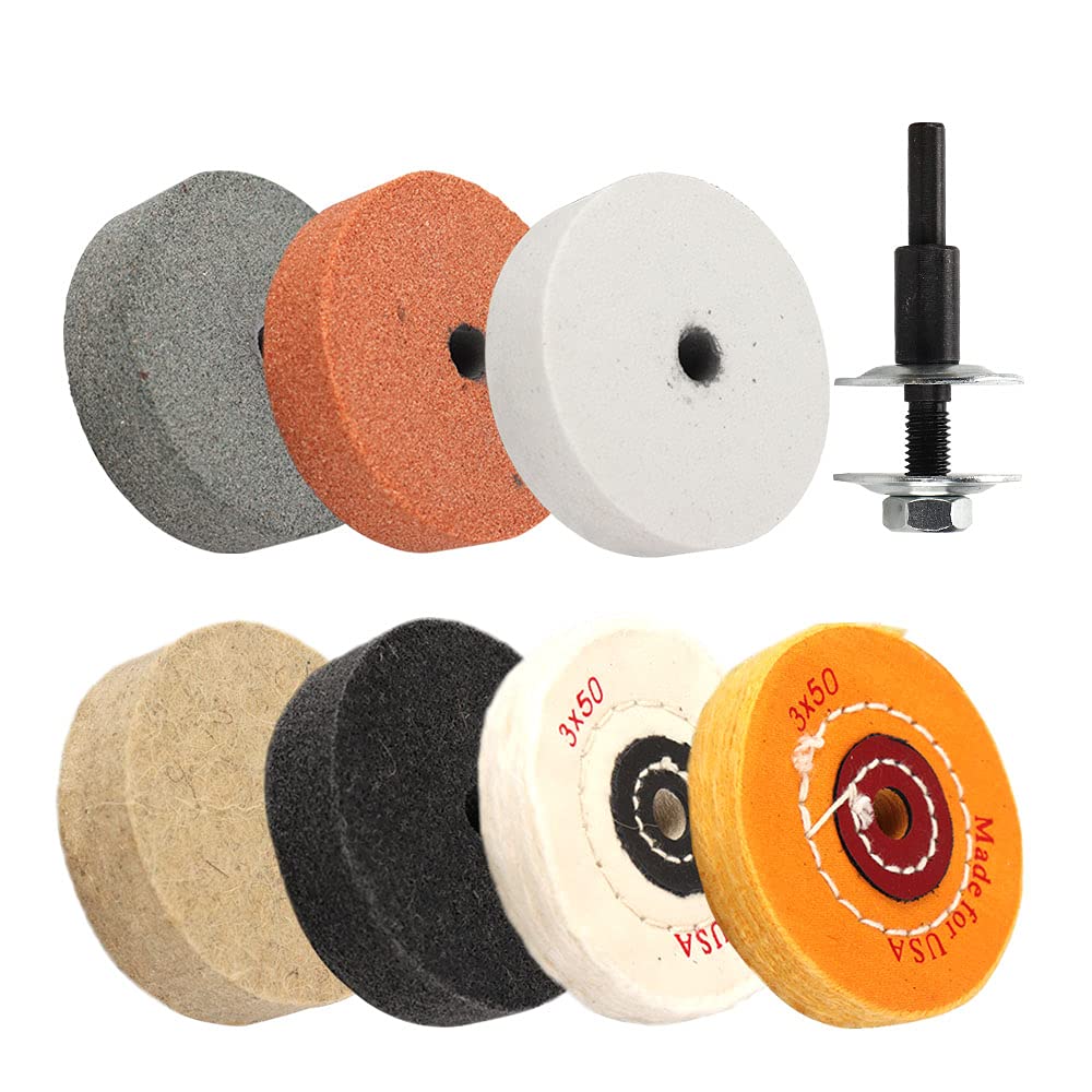SI FANG 8Pcs Buffing Polishing Wheel Kit, 3 Inch Grinding Wheel with 3/8inch Drill Arbor Adapter for Mini Bench Grinder Buffer Electric Drill, Non-Metal and Metal Grinding Polishing and Rust Removal