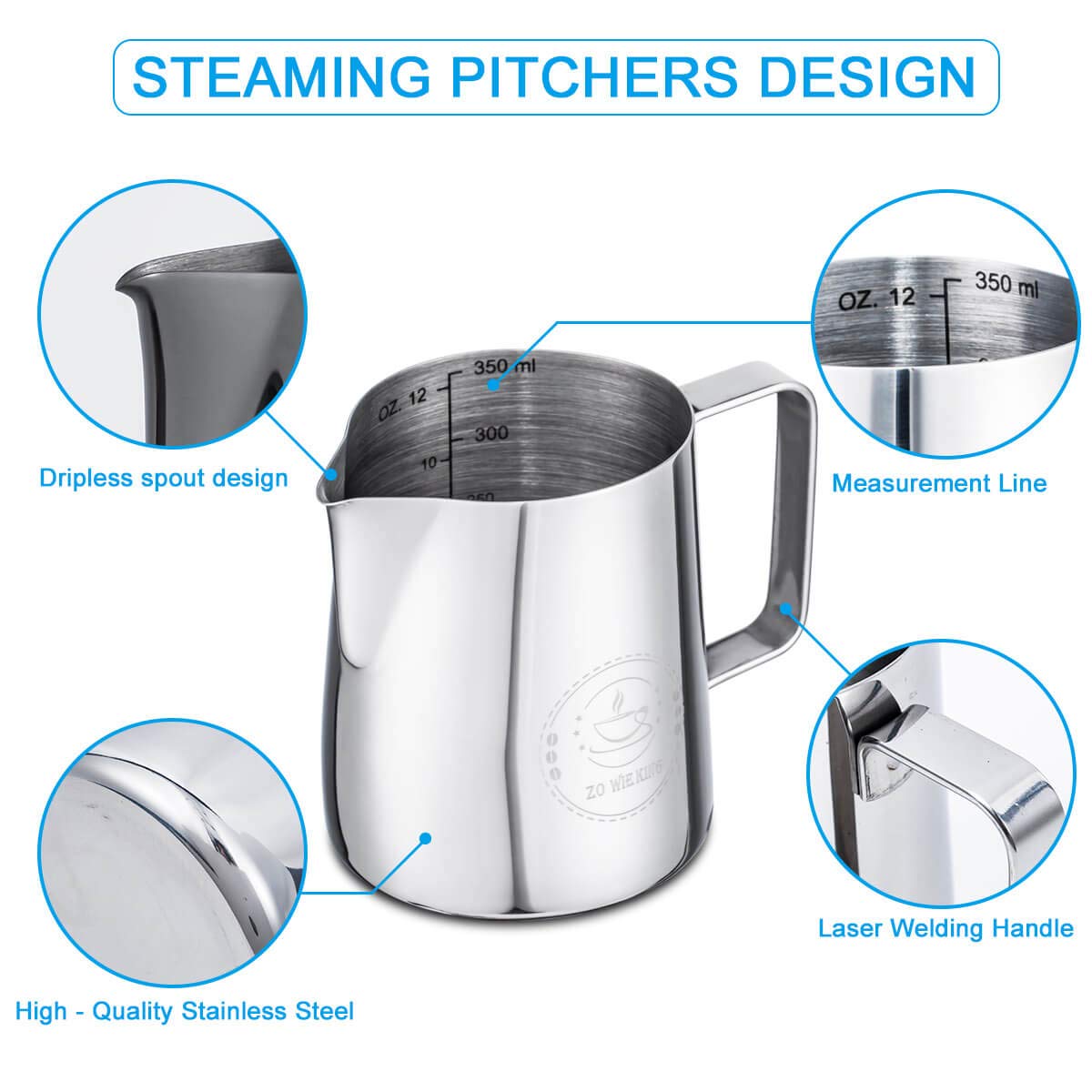 Milk Frothing Pitcher 12oz, Espresso Steaming Pitchers 350ml, Frother cup, Coffee Cappuccino Latte Art,304 Stainless Steel Jug with Decorating Art Pen