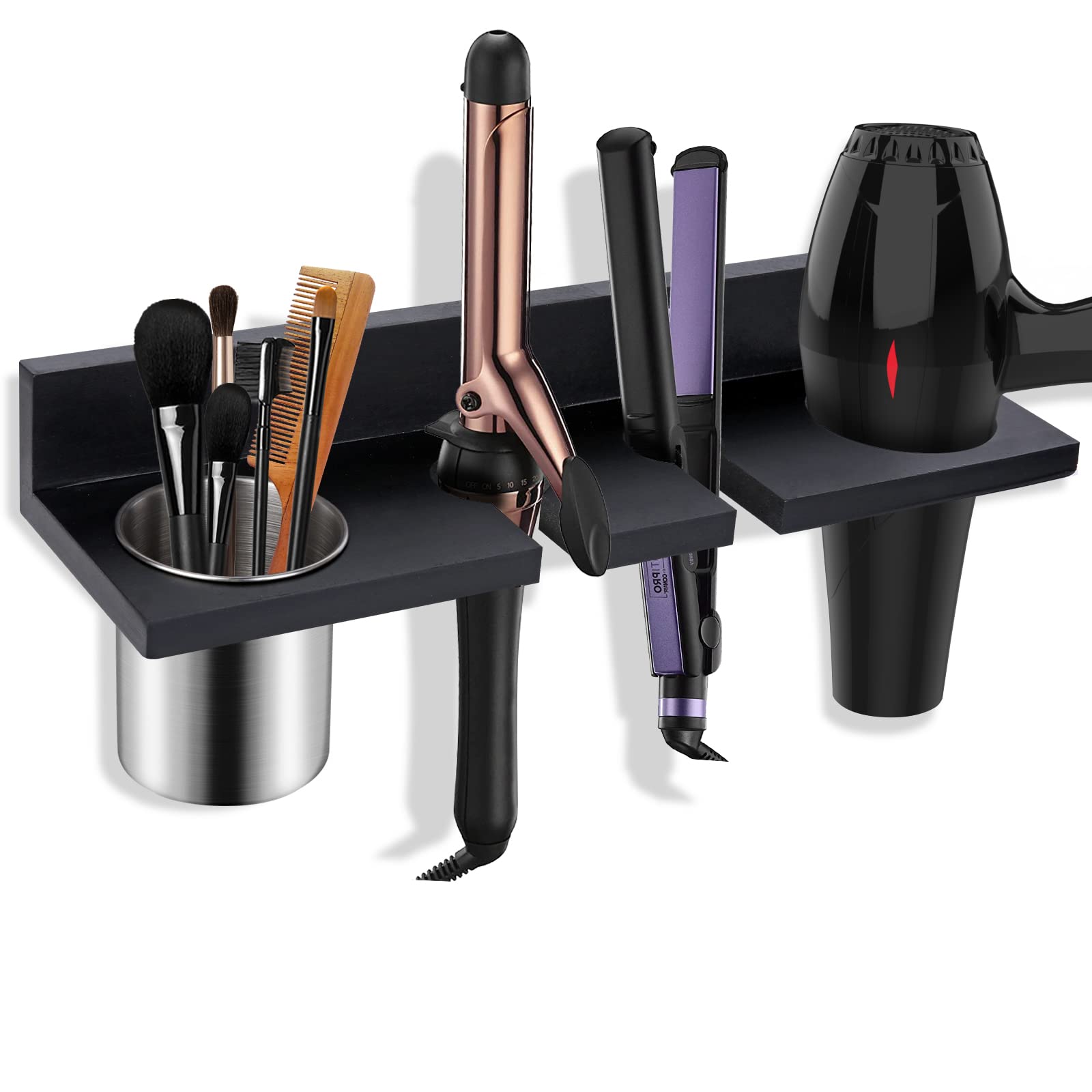 Photo 1 of seashpea Hair Tool Organizer Wall Mounted - Wooden Dryer Holder, Blow Dryer Holder for Bathroom, Rustic Styling Tools Organizer for Flat Iron, Curling Wand, Hair Straighteners, Brushes, Black