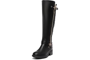 DREAM PAIRS Women's Knee-High Boots Comfortable Chunky Block Heel Round Toe Side Zipper Riding Fashion Buckles Biker Motorcycle Boots