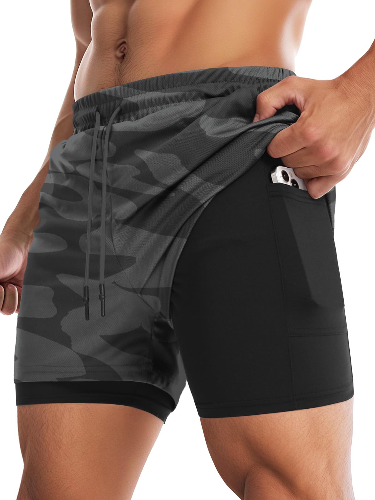 Photo 1 of Aolesy Men's Gym Shorts 5 Inch with Zipper Pockets 2 in 1 Running Shorts Mesh Training Workout Athletic Shorts with Liner Camo