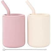 WeeSprout Silicone Baby Cups With Straws and Lids, 4 & 8 oz Options, Set of 2, Food Grade Toddler Training Container, Built In Straw Stoppers, Measurement Markings, Dishwasher Safe + Straw Cleaner
