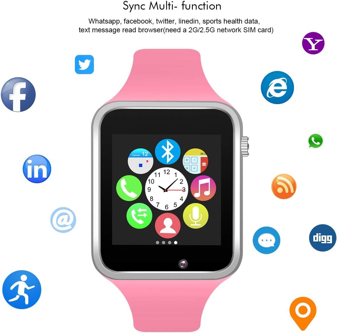 Axceed A1 Smart Watch, Bluetooth Touchscreen Smartwatch Phone with Camera Mic Texting Speaker Pedometer Social Media Notifications Sleep Monitor Music Player for Android Samsung Huawei iPhone (Pink)