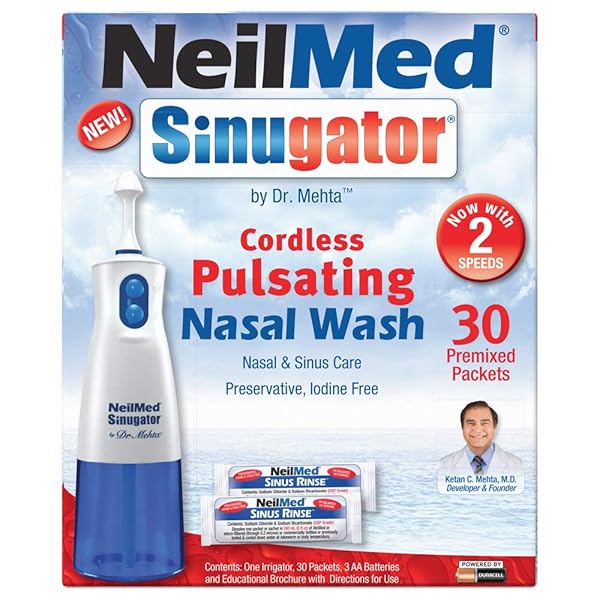 NEILMED SINUGATOR CORDLESS PULSATING NASAL WASH KIT WITH ONE IRRIGATOR, 30 PREMIXED PACKETS AND 3 AA BATTERIES(PACK OF 1)