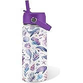 Ocean Gifts for Kids - 16 Oz Purple Water Bottle with Straw Lid, Stainless Steel Insulated Tumbler, Leak Proof, BPA-Free, for Girls & Boys, School, Beach - Marine Life Lovers Birthday Gifts (1pc)