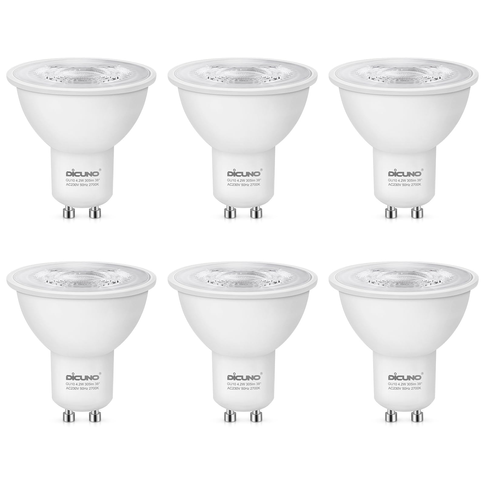 DiCUNO Dimmable GU10 LED Bulbs, Warm White 2700K, 4.2W 305LM, 40W Halogen Spotlight Equivalent, 38° Narrow Beam, Energy Saving GU10 LED Light Bulbs for Home Lighting Decor, 6 Pcs