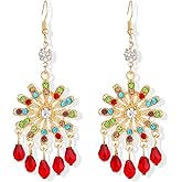 Vintage Ethnic Style Colorful Crystal Flower Lightweight Dangle Drop Earrings Bohemian Petals Tassels Teardrop Floral Earrings for Women