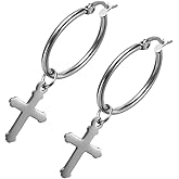 Cupimatch Women Silver Stainless Steel Clip Hinged Hoop Earrings with Religious Cross Dangle (cross hoop earrings)