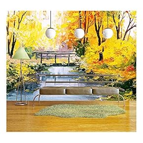 Oil Painting Landscape - Colorful Autumn Forest, Beautiful River - Removable Wall Mural | Self-Adhesive Large Wallpaper - 66x96 inches