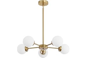 WINGBO 5-Light Sputnik Chandelier, Modern Pendant Light Fixture with 4.7" Opal White Glass Globe Shade for Flat and Slop Ceiling, Height Adjustable for Kitchen Living Room Dining Room Bedroom, Gold
