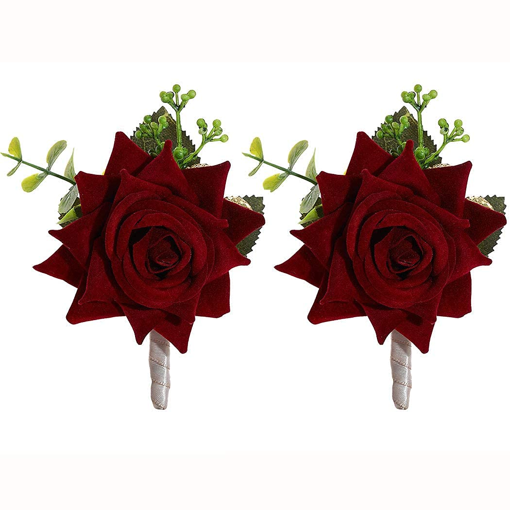 Campsis Wedding Flower Boutonniere Groom Rose Buttonholes Prom Suit Decoration for Men(Red Wine)