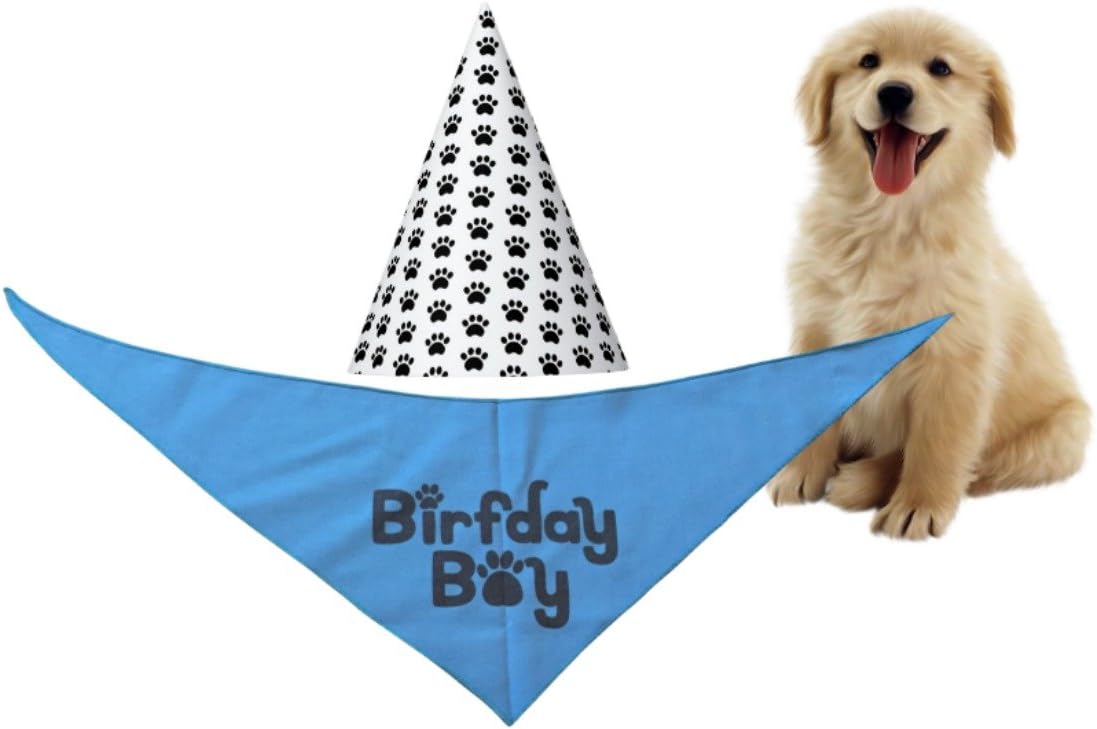 Dog Birthday Bandana Blue | Funny Birfday Boy Doggie Scarfs for Puppy or Dog | Fits Medium to Large Size Dogs | Dog Birthday Hat Paw Print Design