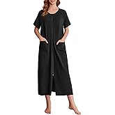 Ekouaer Women's Zipper Robes Full Length Short Sleeve Housecoats House Dress with Pockets Loungewear Nightgown B-Black,3XL