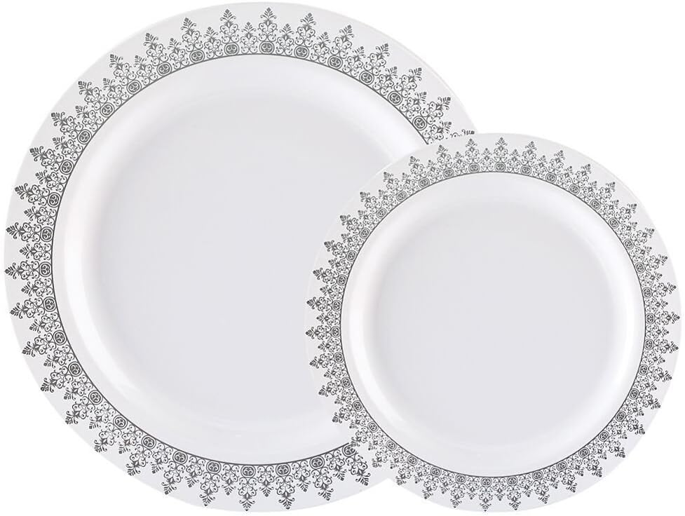 60PCS Heavyweight White with Silver Rim Wedding Party Plastic Plates,Disposable Plastic Plates,30-10.25inch Dinner Plates and 30-7.5inch Salad Plates -WDF (White/Silver Forest)